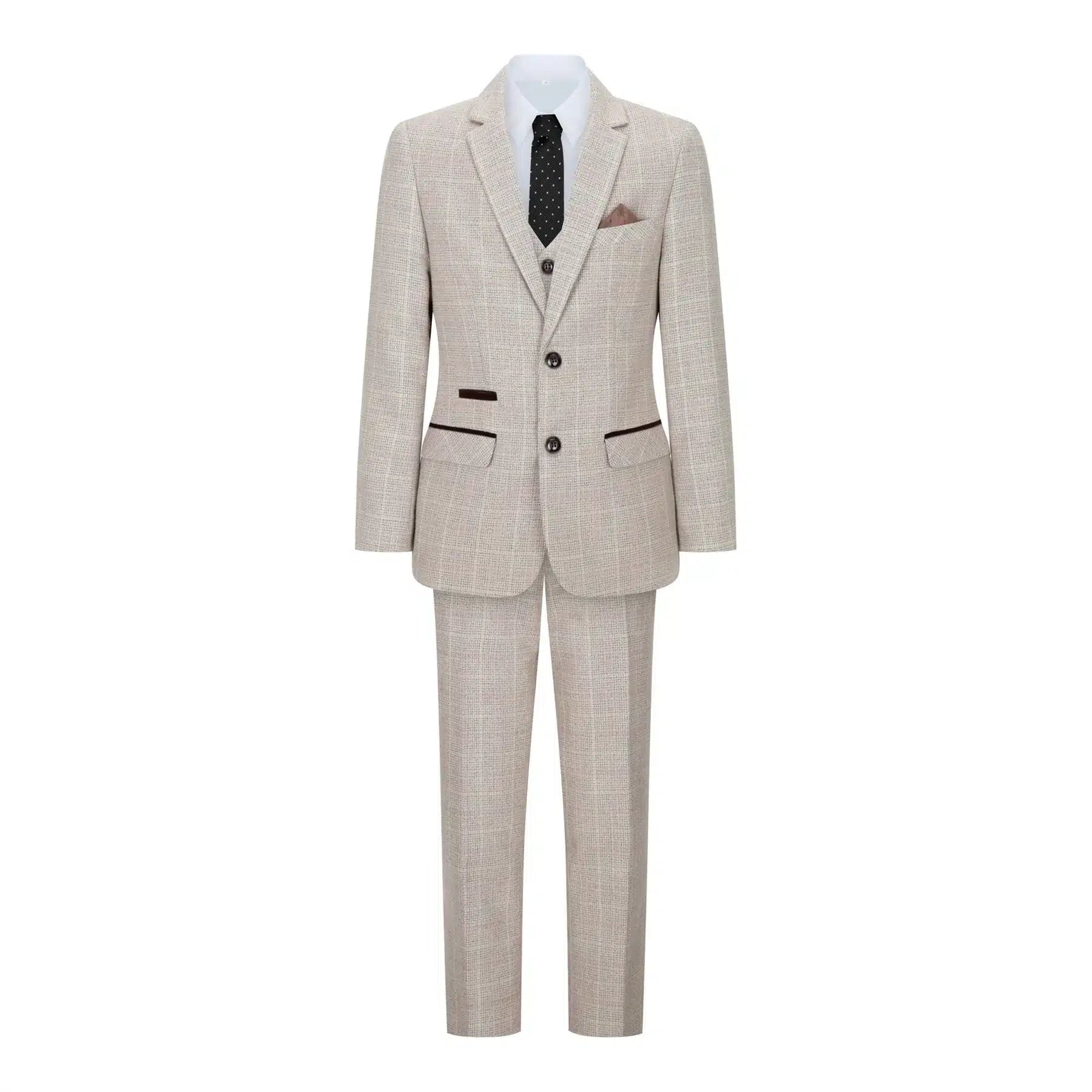 Traje de tres piezas de tweed a cuadros beige y marrón para niño, ideal para bodas, estilo vintage retro clásico.