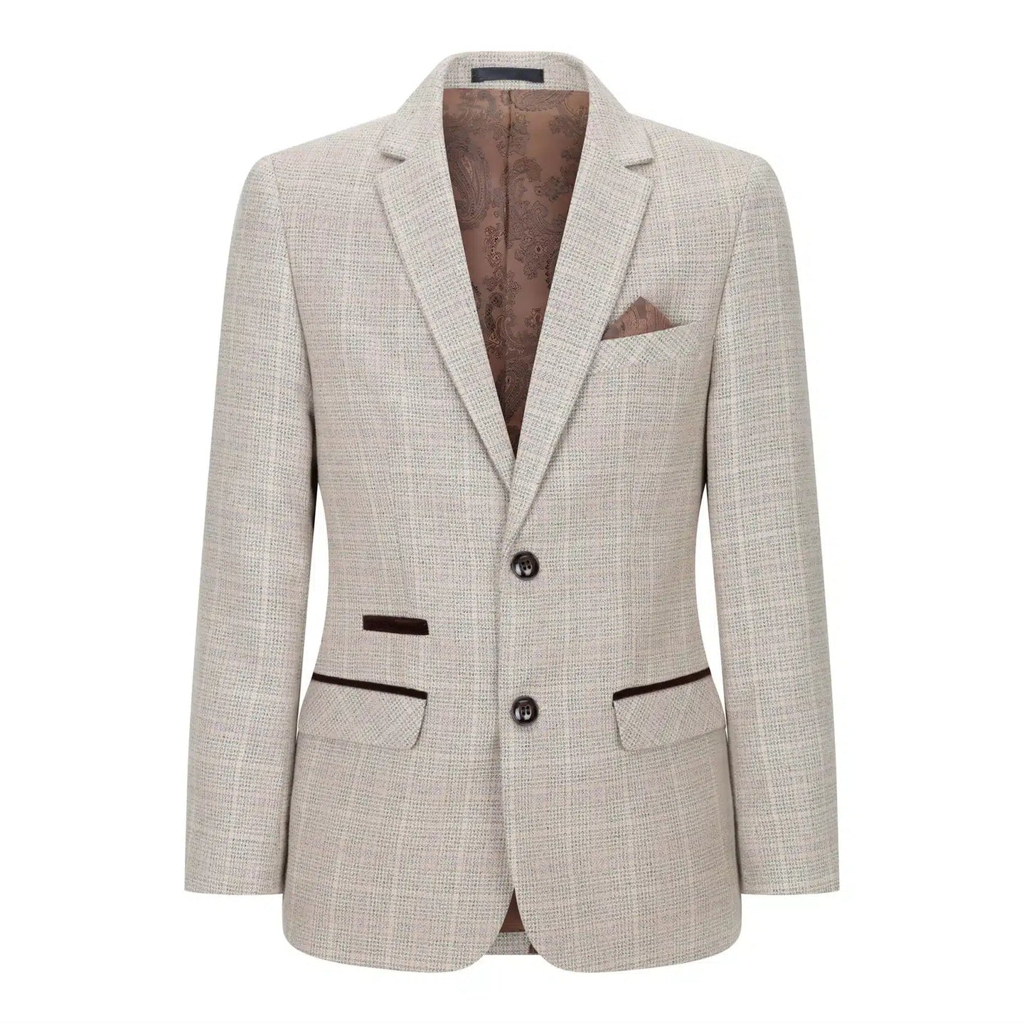 Traje de tres piezas de tweed a cuadros beige y marrón para niño, ideal para bodas, estilo vintage retro clásico.