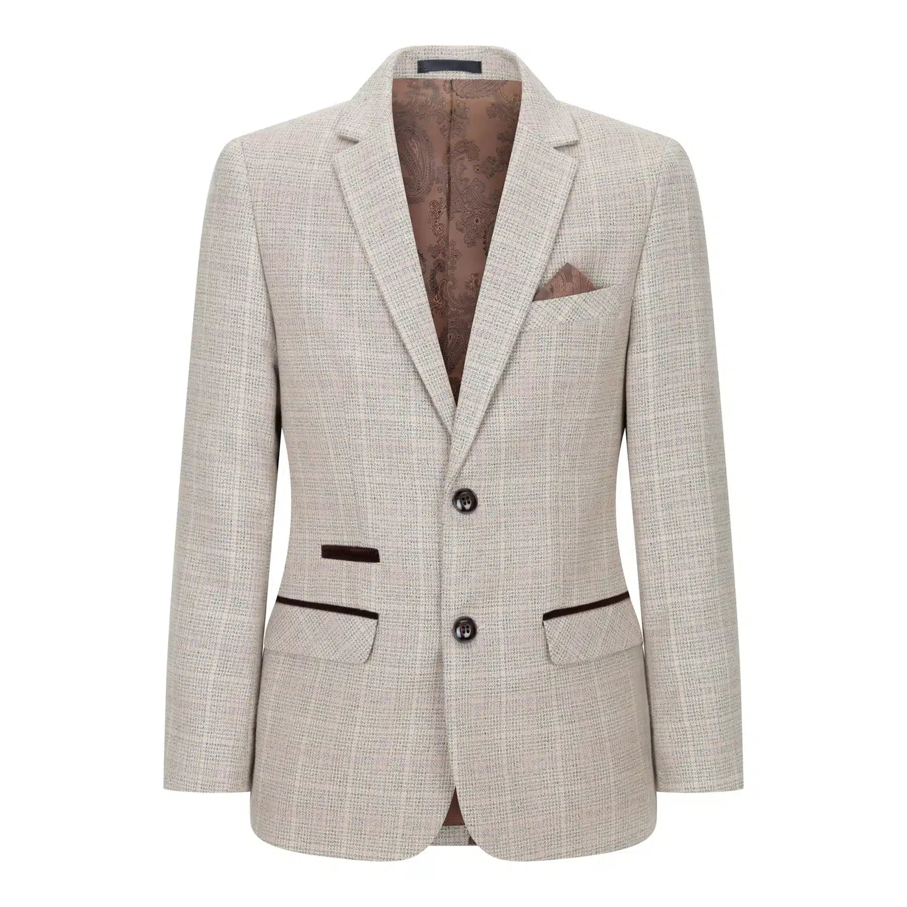 Traje de tres piezas de tweed a cuadros beige y marrón para niño, ideal para bodas, estilo vintage retro clásico.