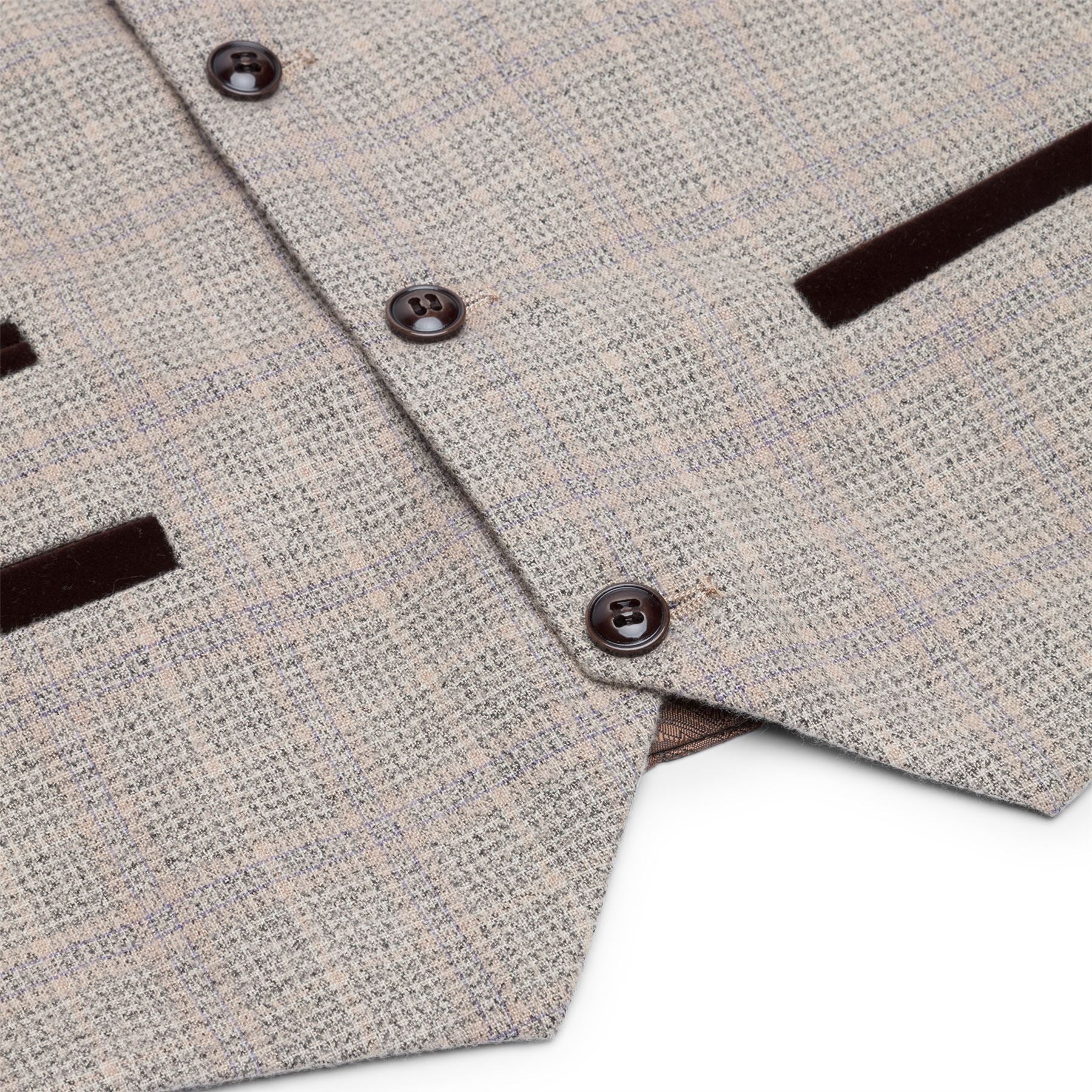 Traje de tres piezas de tweed a cuadros beige y marrón para niño, ideal para bodas, estilo vintage retro clásico.