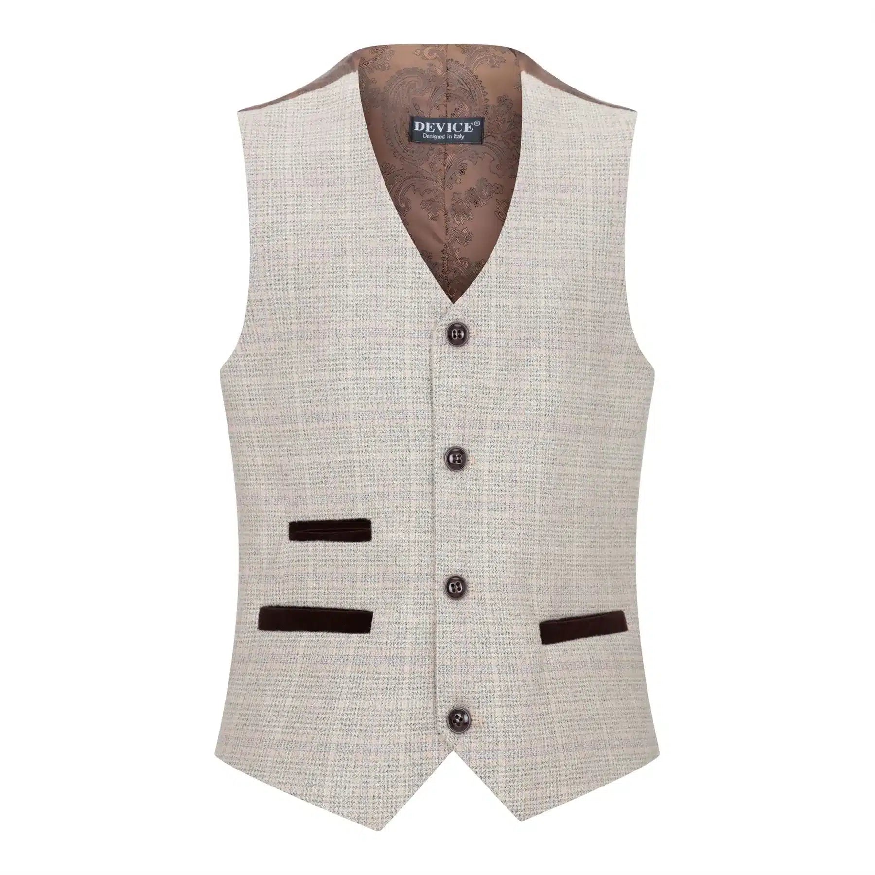 Traje de tres piezas de tweed a cuadros beige y marrón para niño, ideal para bodas, estilo vintage retro clásico.