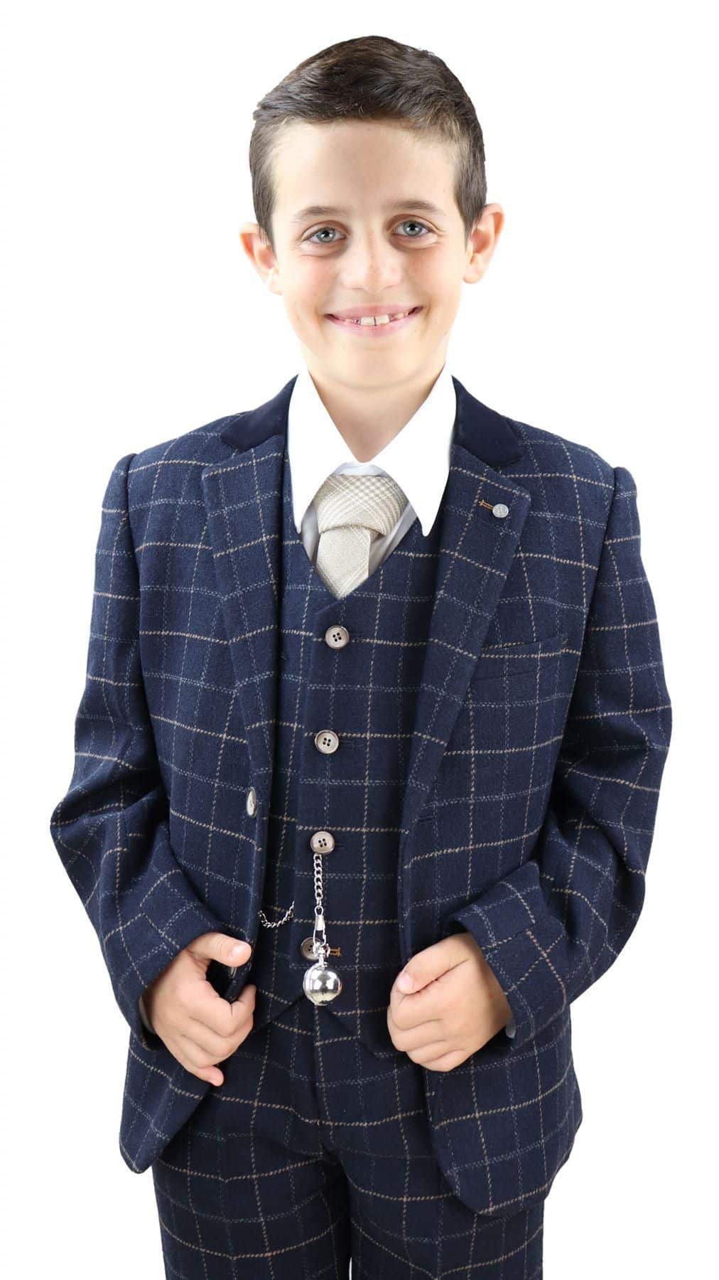 Traje de tres piezas a cuadros azul marino para niño - Traje estilo Peaky Blinders Shelby