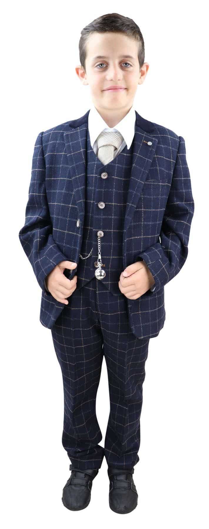 Traje de tres piezas a cuadros azul marino para niño - Traje estilo Peaky Blinders Shelby