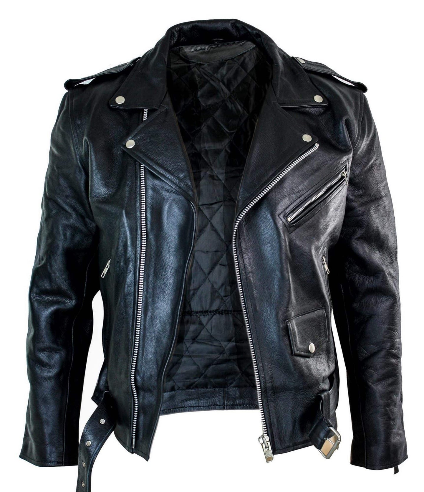 Chaqueta de motociclista Brando para hombre, de piel auténtica, con cremallera cruzada, de piel de vaca original.