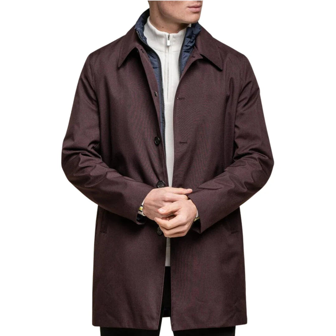 Abrigo Brando Mac color burdeos para hombre, cuello alto, cremallera y botones, talla 3/9.