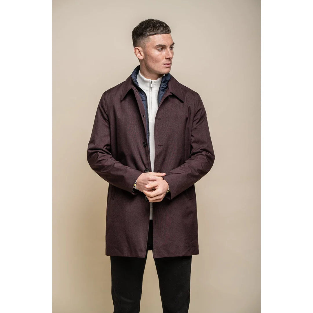 Abrigo Brando Mac color burdeos para hombre, cuello alto, cremallera y botones, talla 3/9.