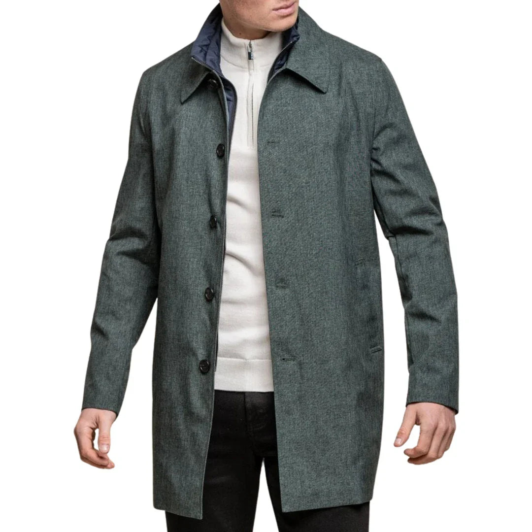 Chaqueta tipo abrigo Brando Mac color oliva para hombre, cuello alto, cremallera y botones, talla 3/9.