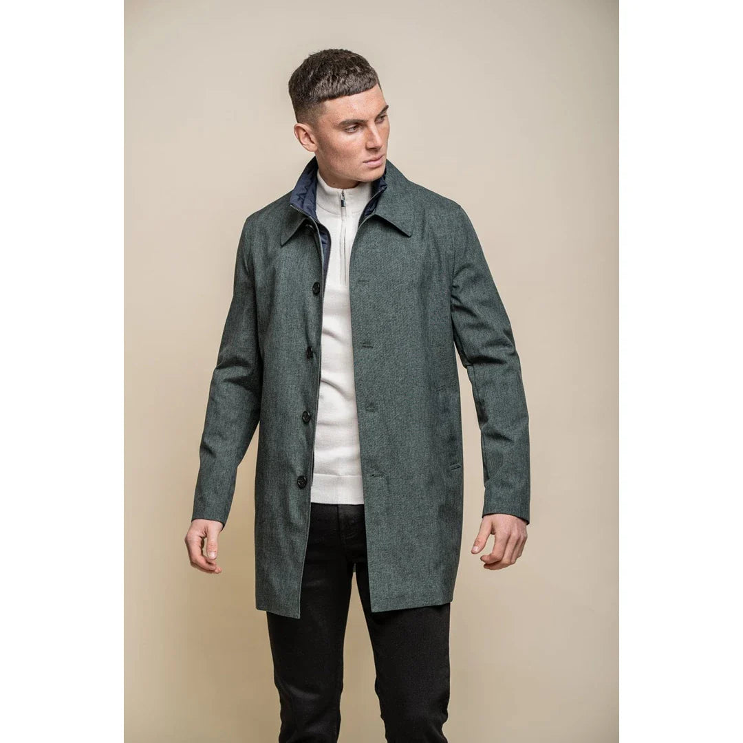 Chaqueta tipo abrigo Brando Mac color oliva para hombre, cuello alto, cremallera y botones, talla 3/9.
