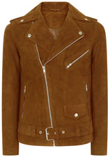 Chaqueta de ante Brando vintage de piel auténtica para hombre con cremallera cruzada - Camel
