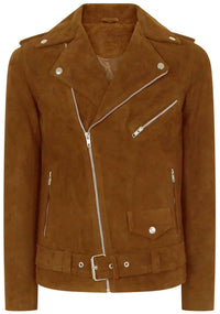 Chaqueta de ante Brando vintage de piel auténtica para hombre con cremallera cruzada - Camel