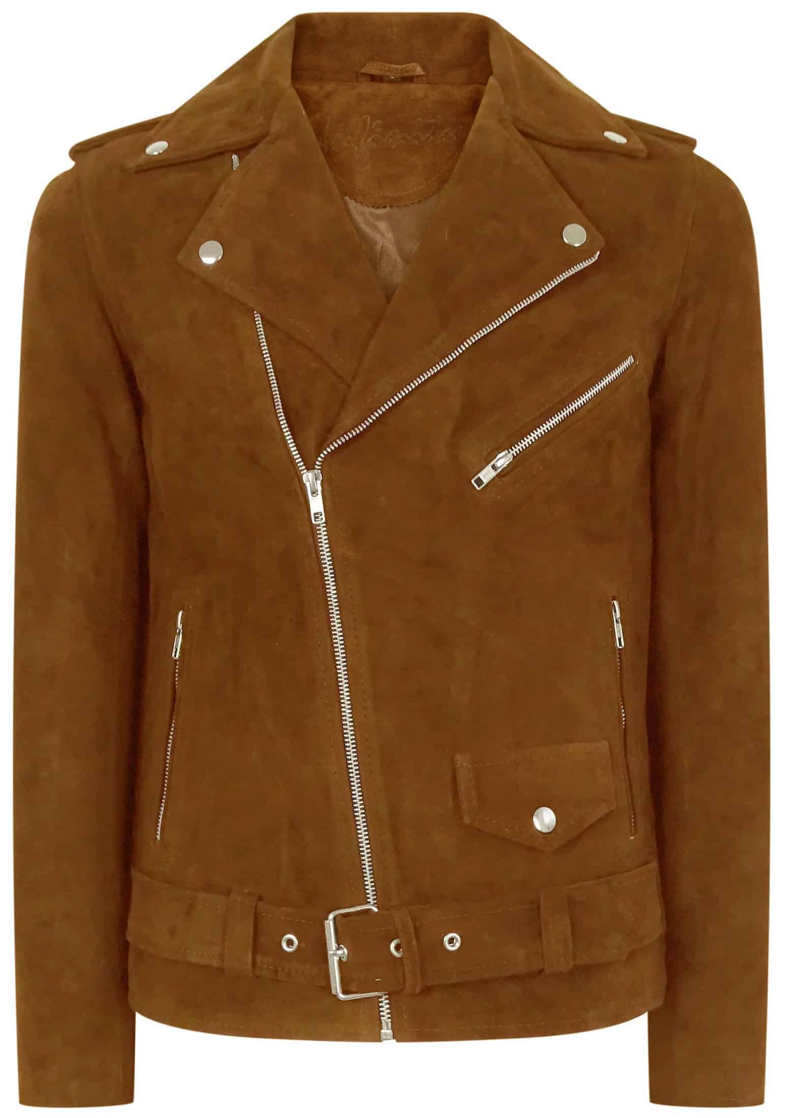 Chaqueta de ante Brando vintage de piel auténtica para hombre con cremallera cruzada - Camel