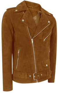 Chaqueta de ante Brando vintage de piel auténtica para hombre con cremallera cruzada - Camel