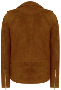 Chaqueta de ante Brando vintage de piel auténtica para hombre con cremallera cruzada - Camel