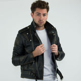 Chaqueta Brando de piel auténtica para hombre con cremallera cruzada - Negra - Dorada