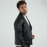 Chaqueta Brando de piel auténtica para hombre con cremallera cruzada - Negra - Dorada