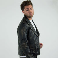 Chaqueta Brando de piel auténtica para hombre con cremallera cruzada - Negra - Dorada