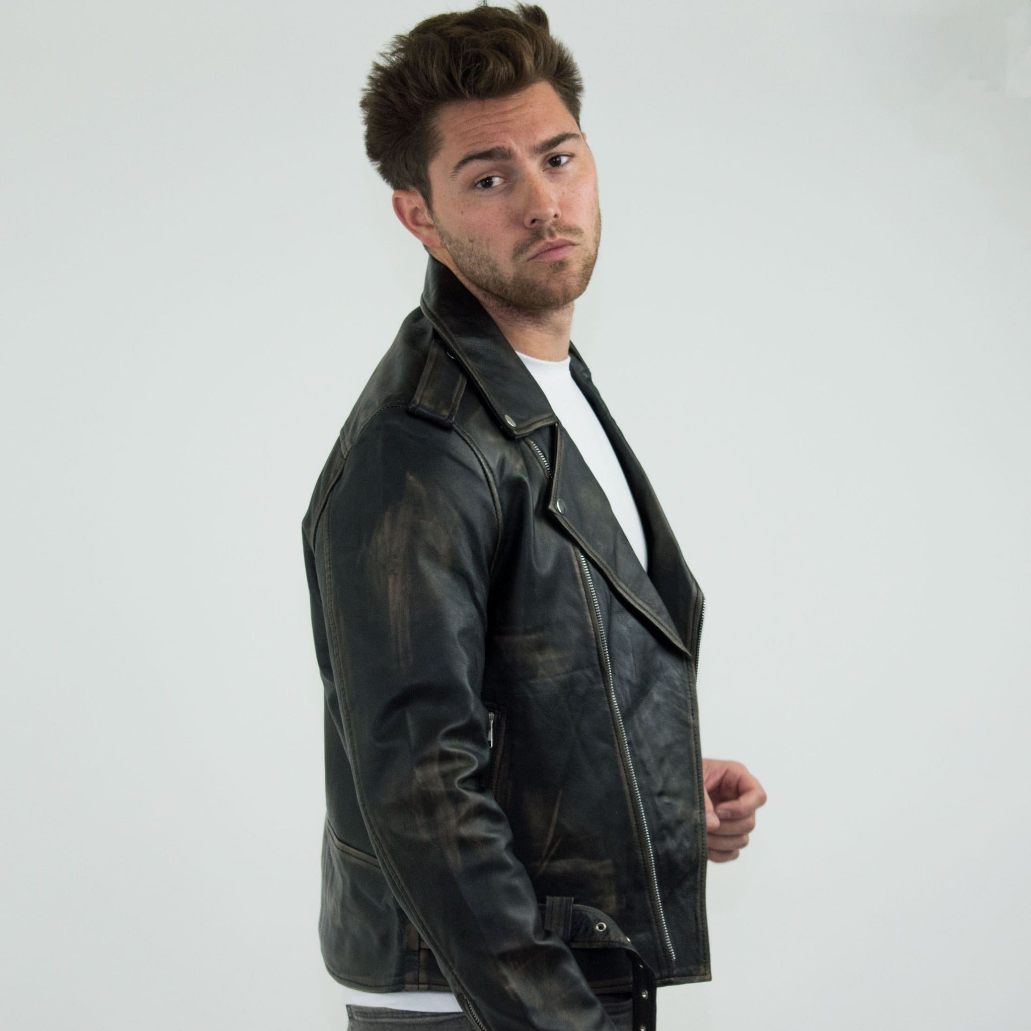 Chaqueta Brando de piel auténtica para hombre con cremallera cruzada - Negra - Dorada