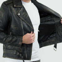Chaqueta Brando de piel auténtica para hombre con cremallera cruzada - Negra - Dorada