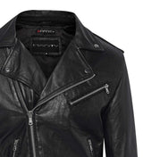Chaqueta Brando de piel auténtica para hombre con cremallera cruzada - Negra