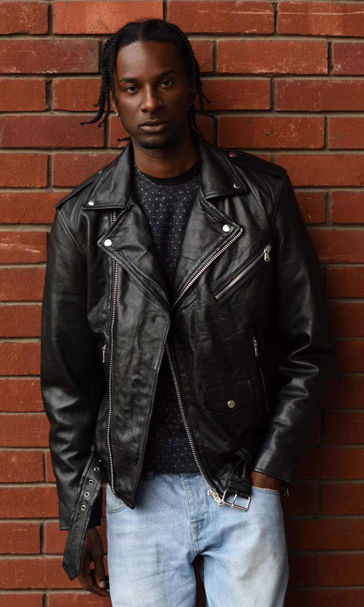 Chaqueta Brando de piel auténtica para hombre con cremallera cruzada - Negra