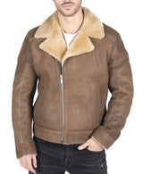 Chaqueta de aviador para hombre de piel de oveja auténtica con cremallera cruzada y pelo color marrón camel.