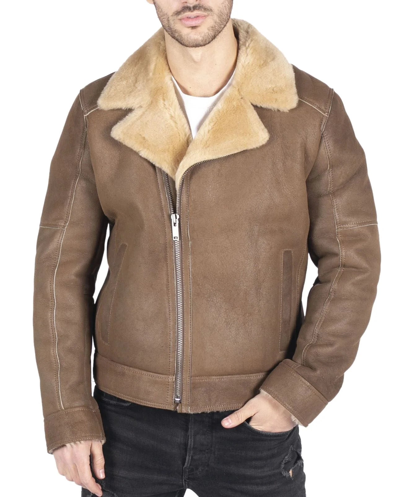 Chaqueta de aviador para hombre de piel de oveja auténtica con cremallera cruzada y pelo color marrón camel.