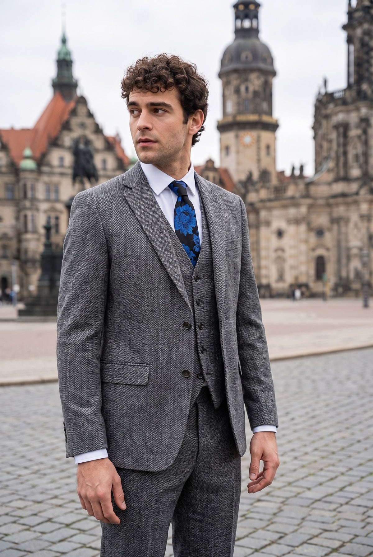 Look #974 styled with IM41 - Traje de tres piezas de tweed con estampado de espiga gris para hombre