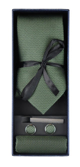 Conjunto de regalo de corbata verde texturizada de seda satinada con pañuelo de bolsillo, gemelos y corbata de satén mate.