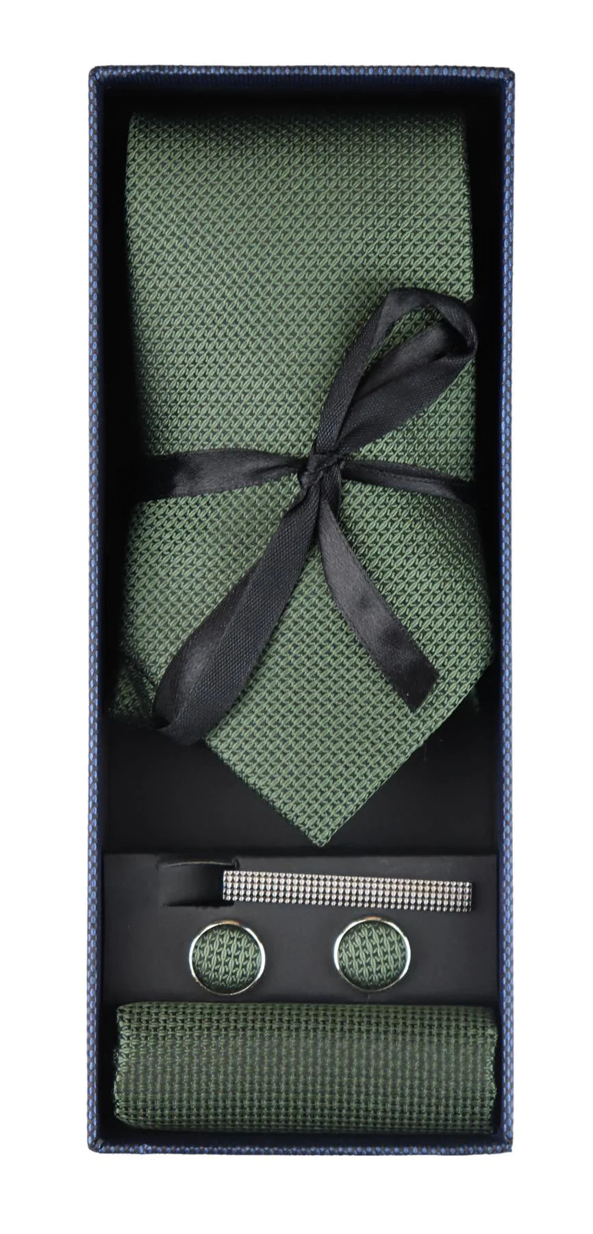 Conjunto de regalo de corbata verde texturizada de seda satinada con pañuelo de bolsillo, gemelos y corbata de satén mate.