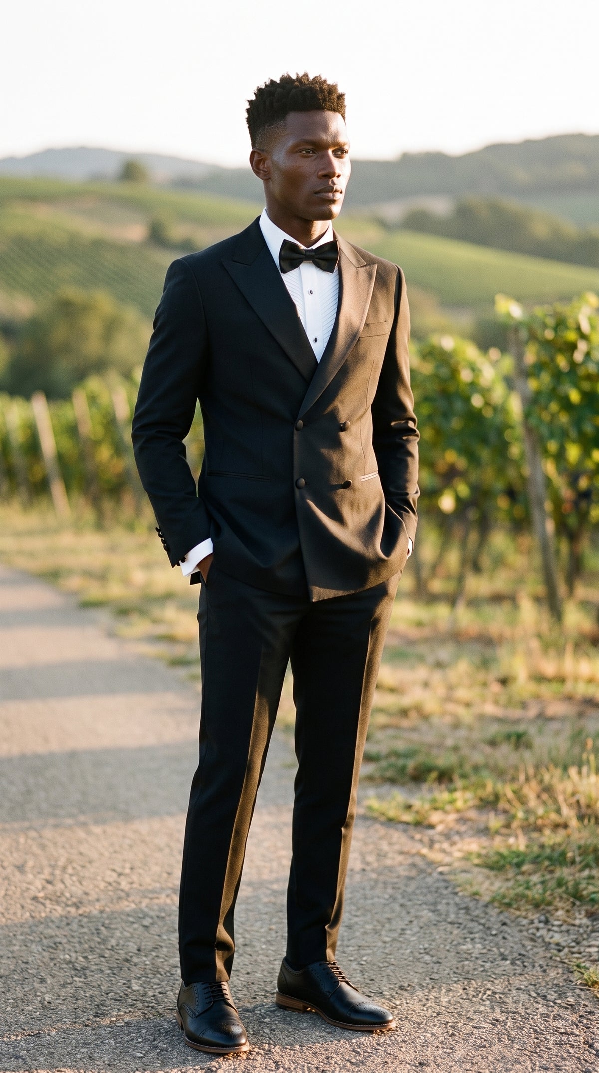 Look #801 styled with Aspen - Traje de esmoquin negro de dos piezas para hombre, cruzado.