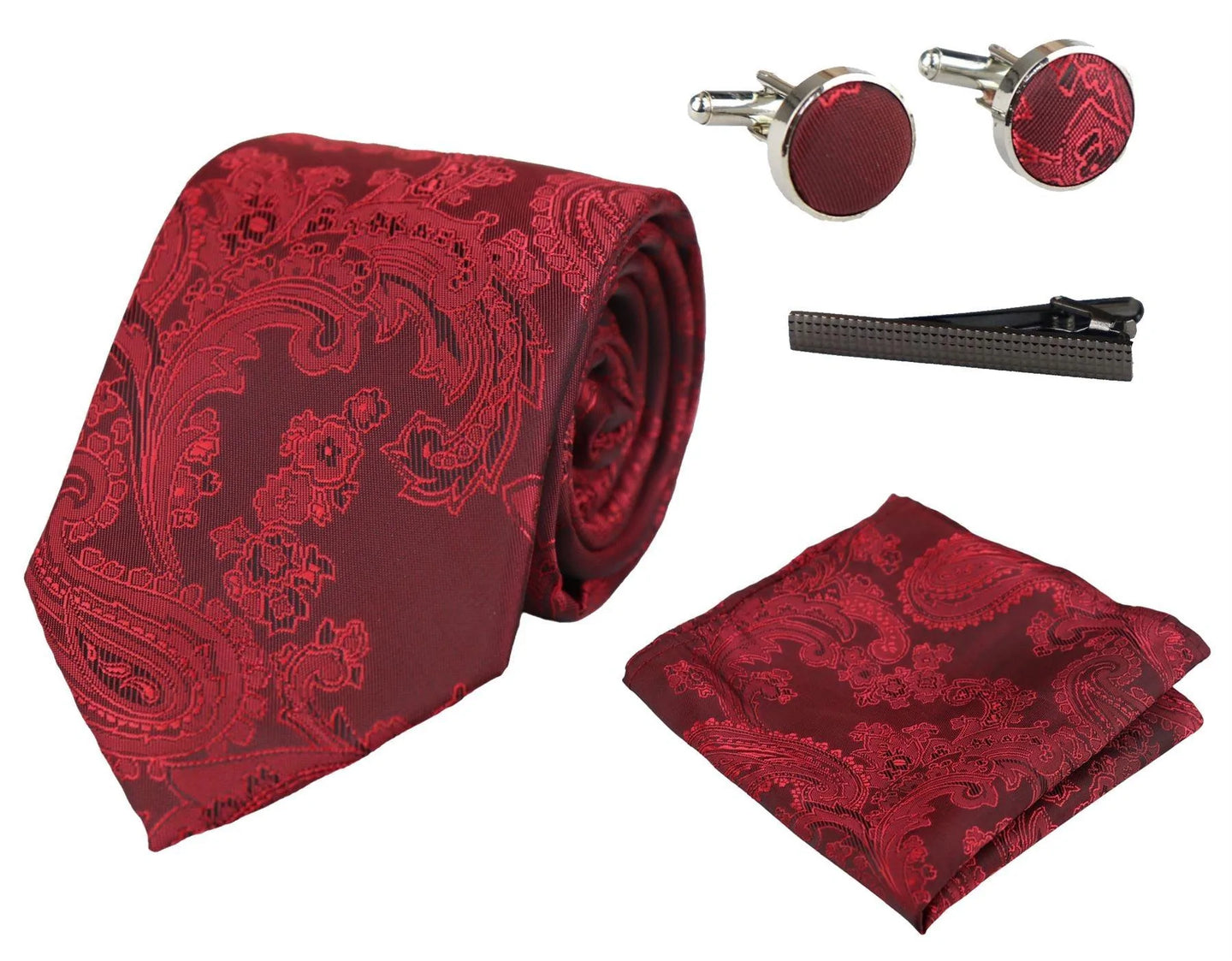 Conjunto de regalo de corbata roja con estampado paisley, pañuelo de bolsillo, gemelos y corbata de satén floral.
