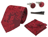Conjunto de regalo de corbata roja con estampado paisley, pañuelo de bolsillo, gemelos y corbata de satén floral.