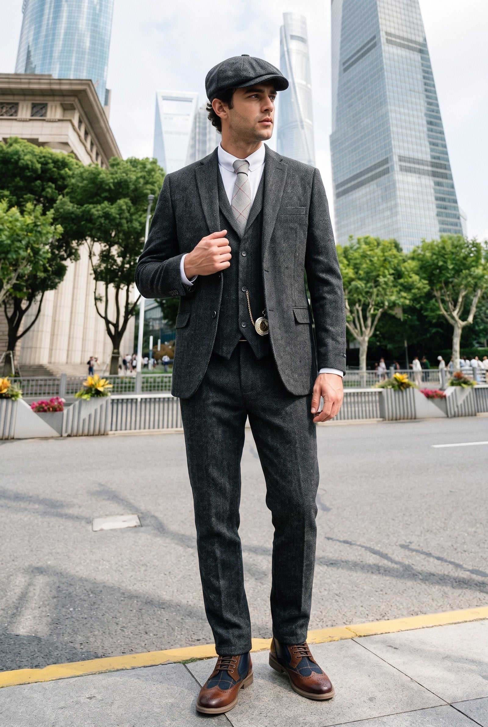 Look #882 styled with Traje de hombre de 3 piezas de tweed con estampado de espiga en color gris carbón - STZ11