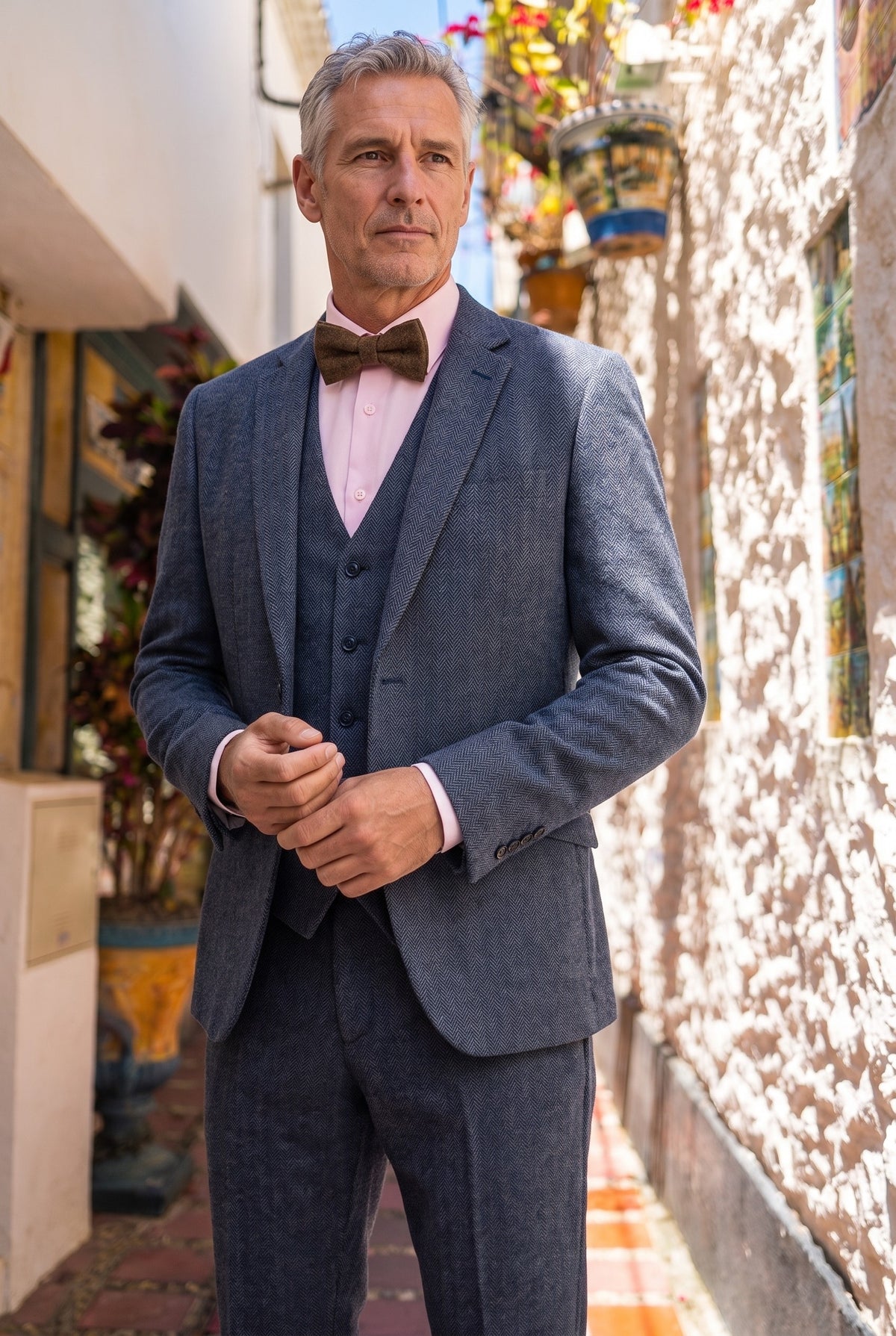 Look #956 styled with Thomas - Traje de tres piezas de tweed de mezcla de lana azul marino para hombre