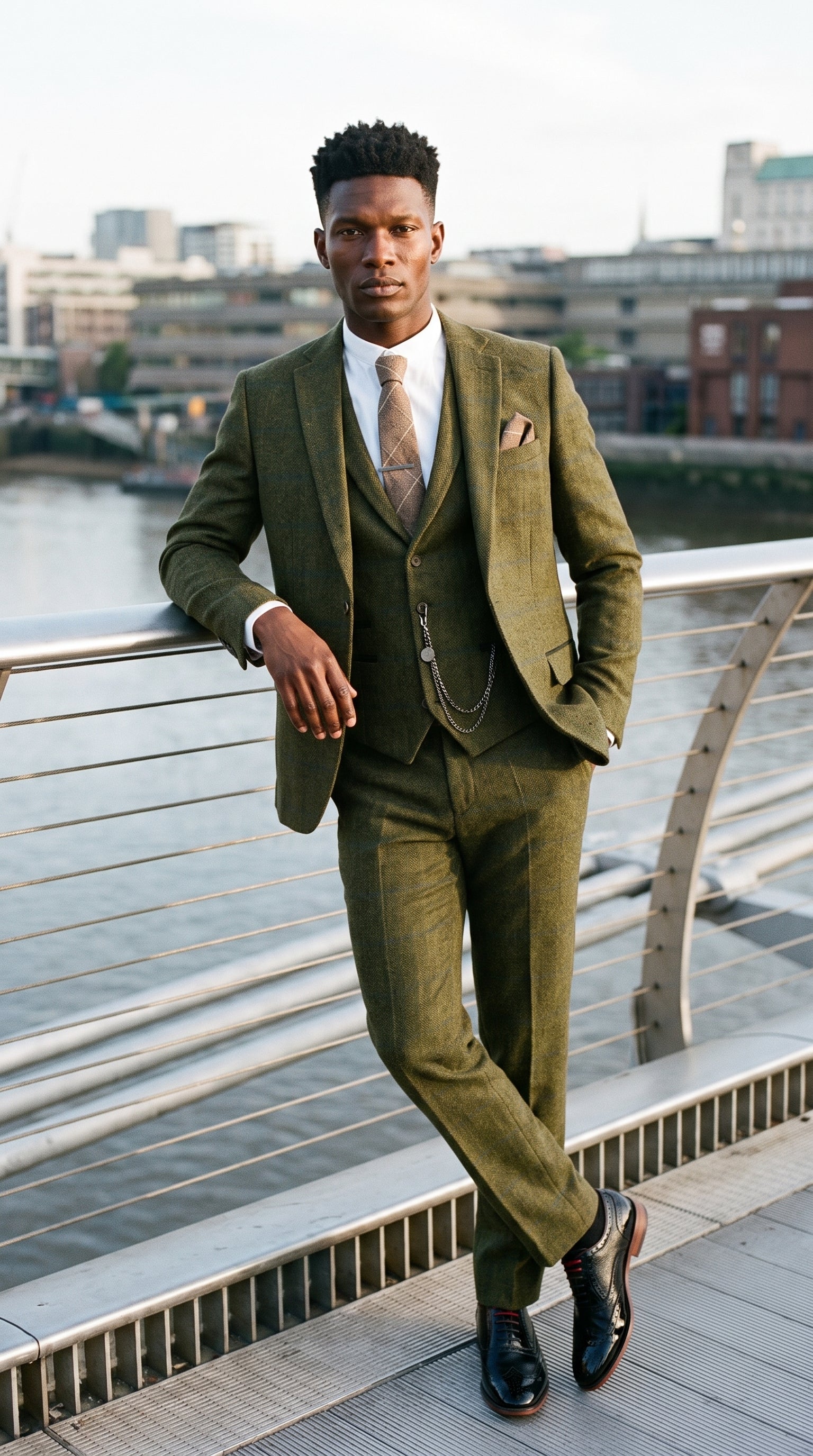 Look #715 styled with Traje de hombre de 3 piezas de lana tweed a cuadros verde, azul y marrón, estilo Gatsby de los años 20.