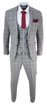 Traje de tres piezas para hombre, de tweed gris a cuadros.