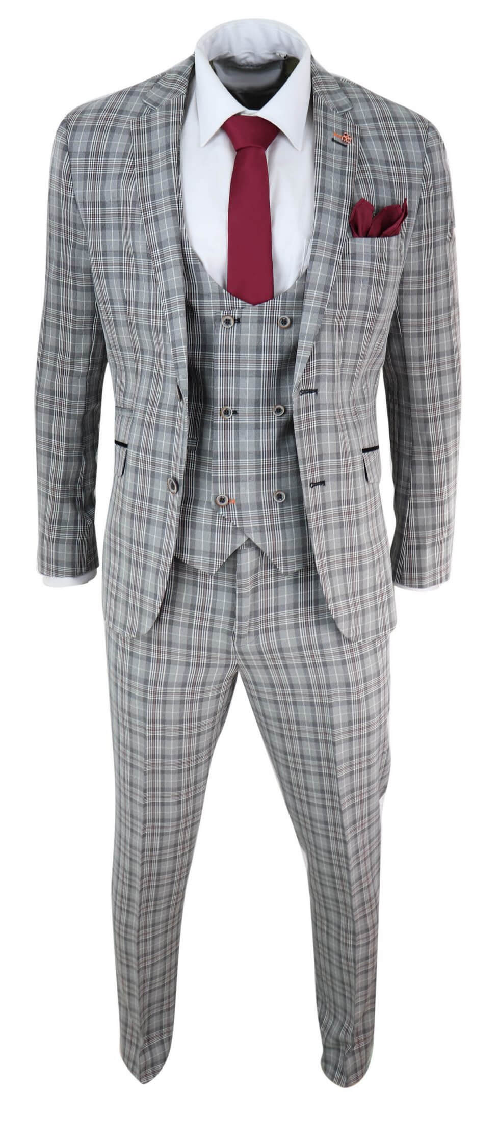 Traje de tres piezas para hombre, de tweed gris a cuadros.