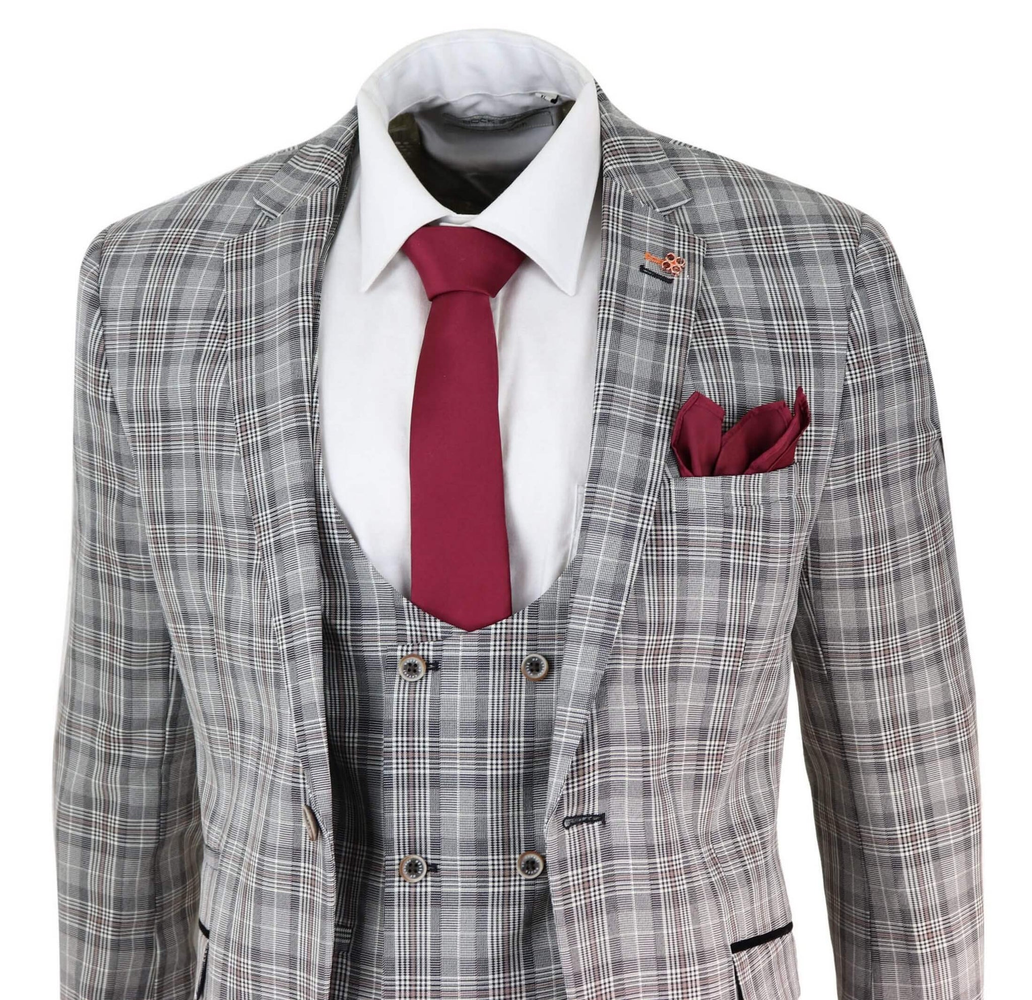 Traje de tres piezas para hombre, de tweed gris a cuadros.