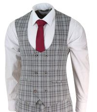 Traje de tres piezas para hombre, de tweed gris a cuadros.