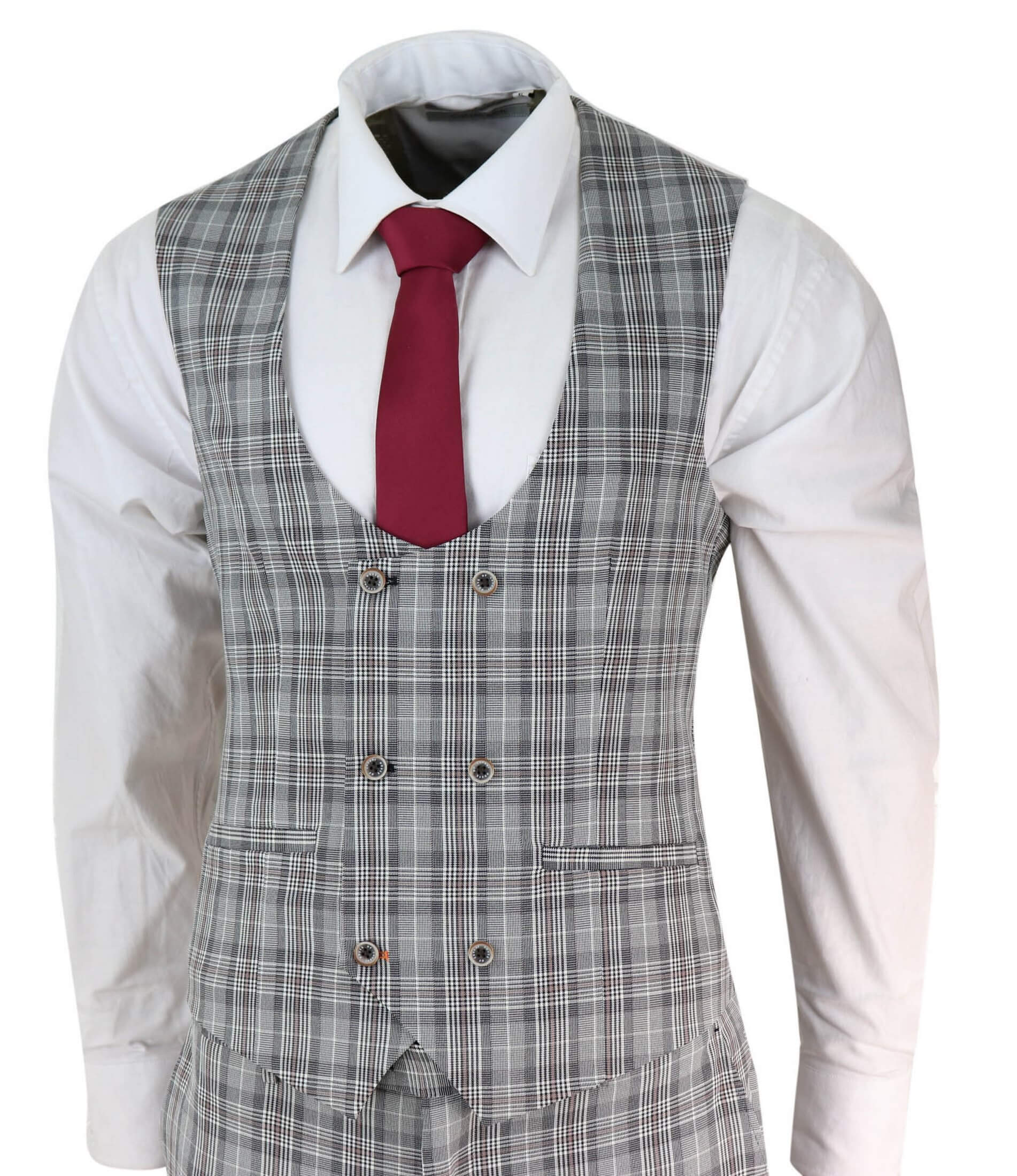 Traje de tres piezas para hombre, de tweed gris a cuadros.
