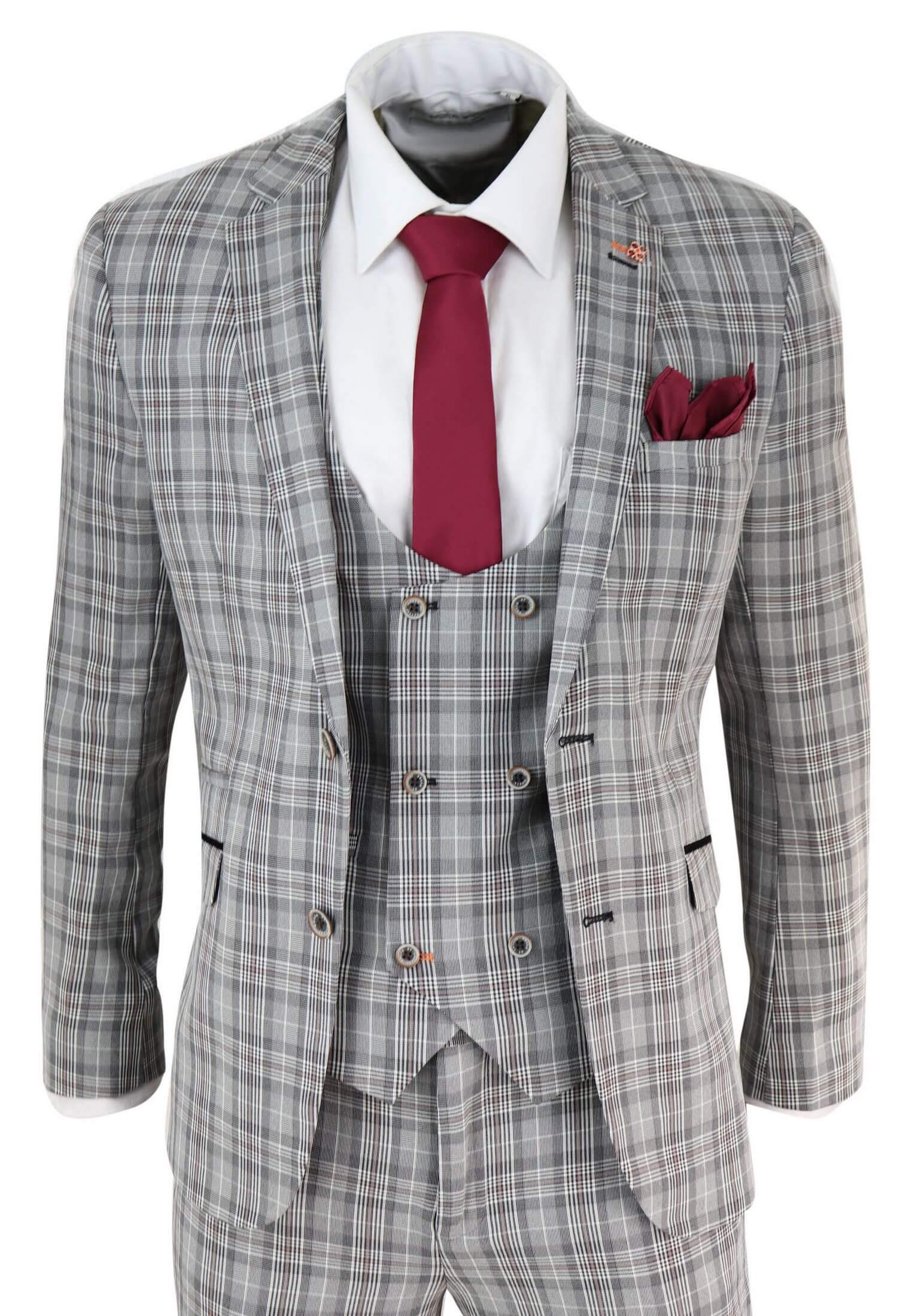 Traje de tres piezas para hombre, de tweed gris a cuadros.