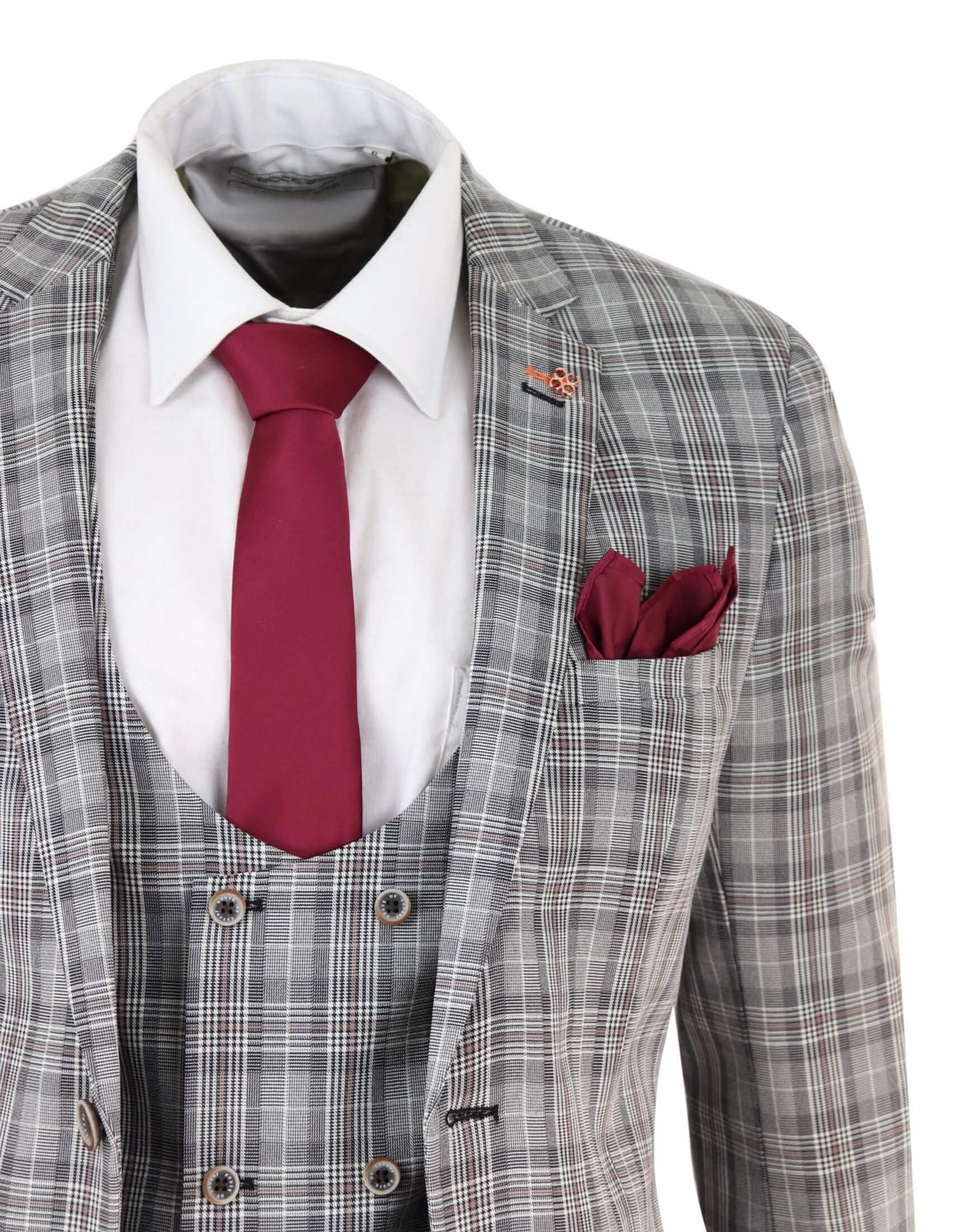 Traje de tres piezas para hombre, de tweed gris a cuadros.