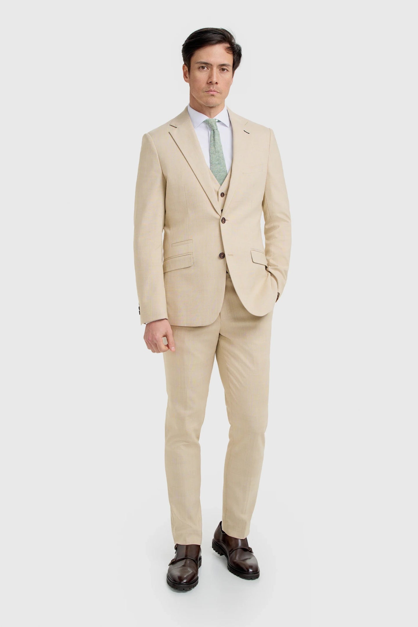 Camden - Traje de tres piezas a cuadros color beige para hombre