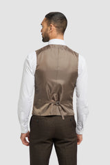 Traje de tres piezas de tweed marrón a cuadros para hombre | Chaleco cruzado color crema