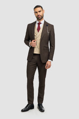 Traje de tres piezas de tweed marrón a cuadros para hombre | Chaleco cruzado color crema
