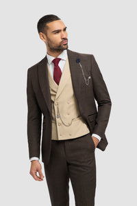 Traje de tres piezas de tweed marrón a cuadros para hombre | Chaleco cruzado color crema