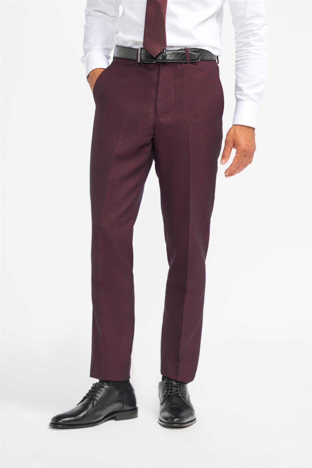 Caridi - Pantalones de hombre a cuadros color burdeos