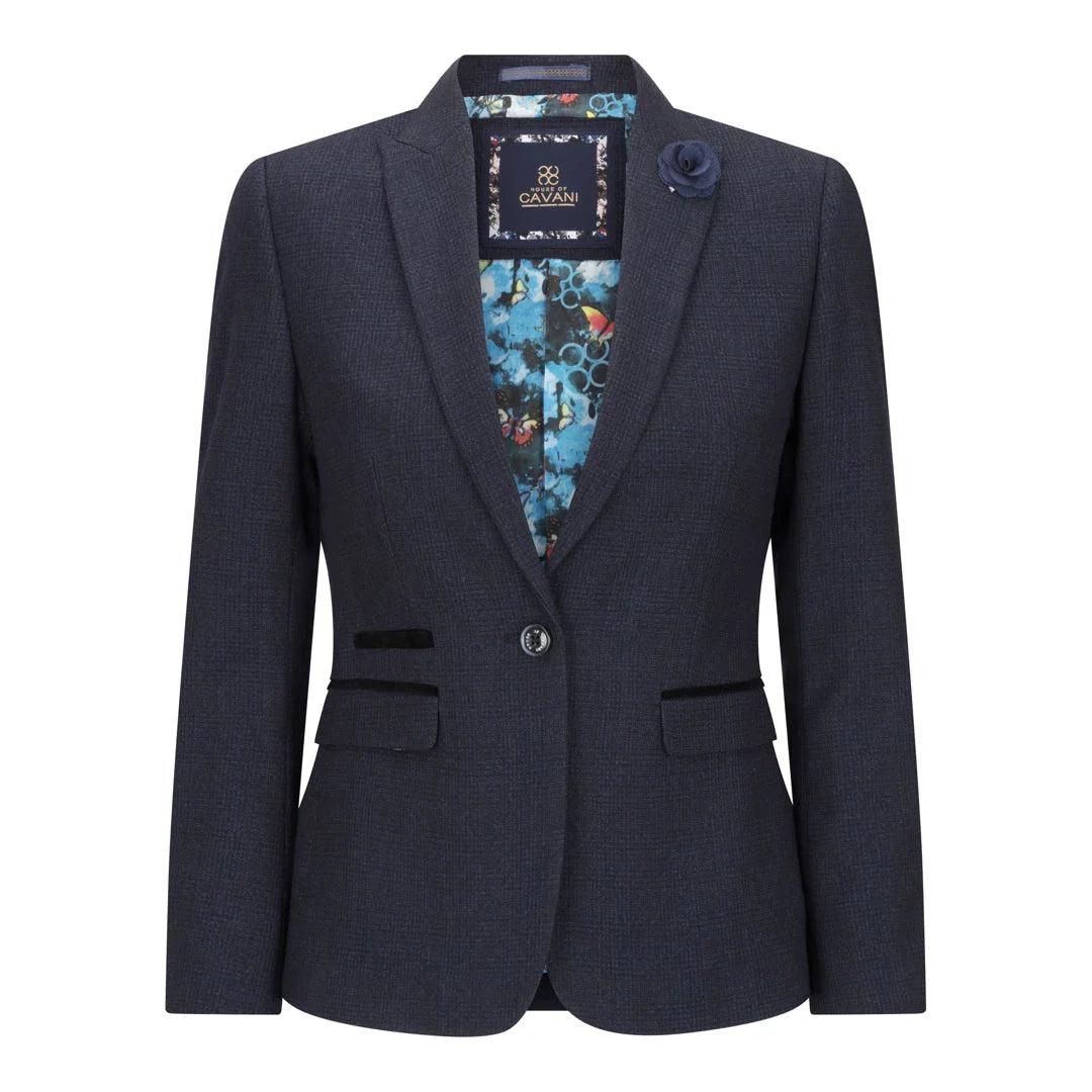 Blazer azul marino con forro floral sobre fondo blanco.
