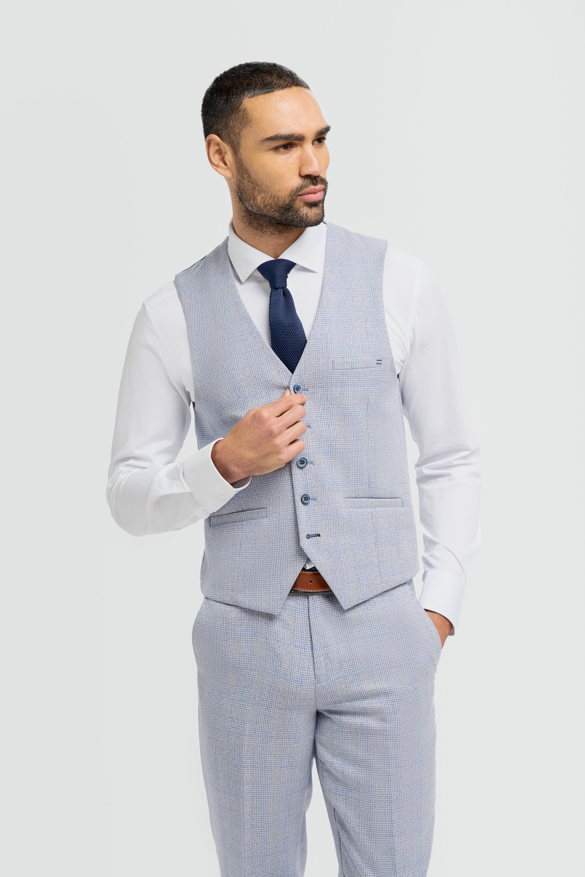 Traje de tres piezas a cuadros para hombre, tweed azul claro, corte entallado, ideal para bodas, estilo Peaky Classic.