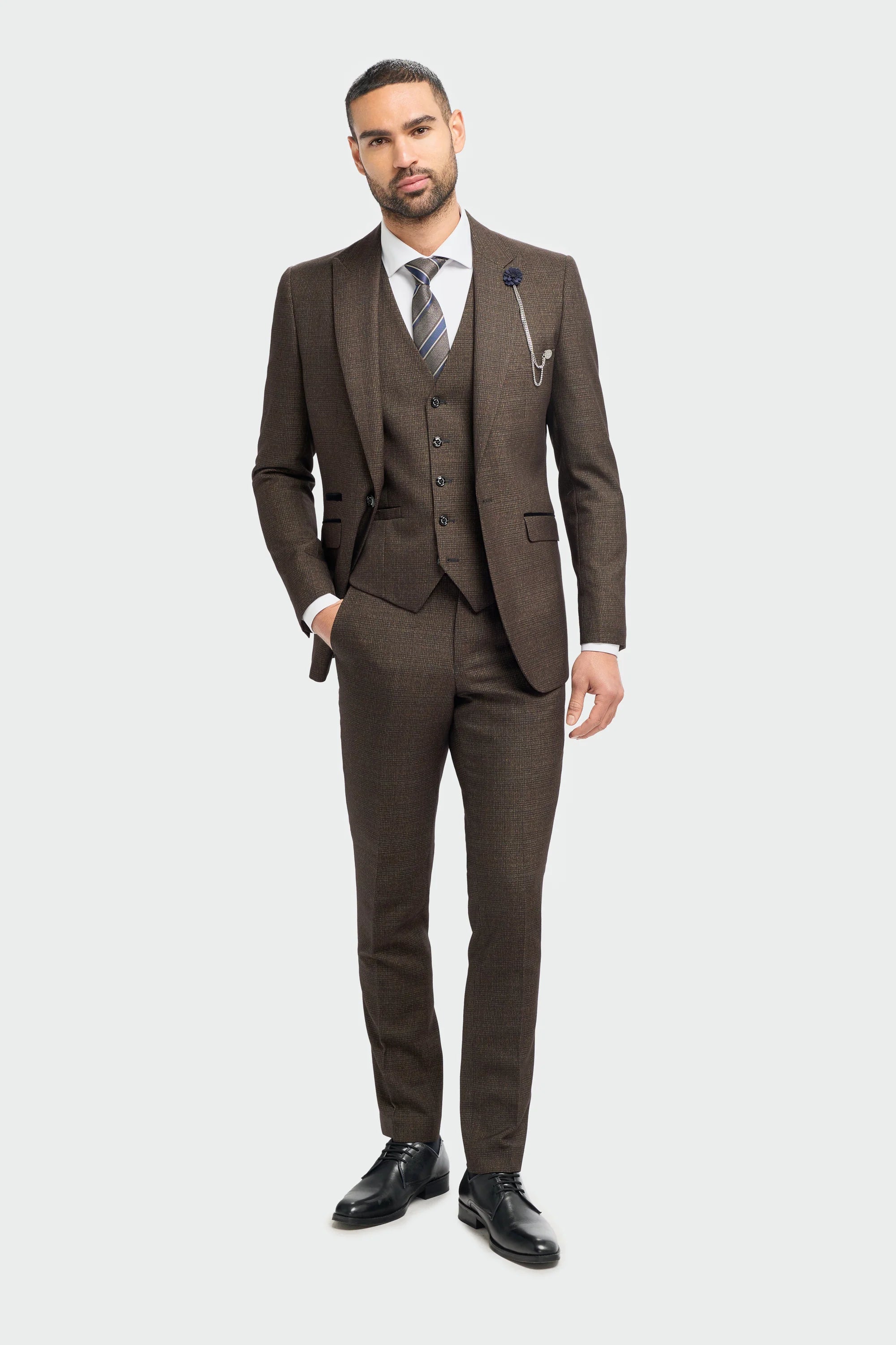 Traje de tres piezas a cuadros para hombre, tweed negro y marrón, corte entallado, ideal para bodas, estilo Peaky Classic.